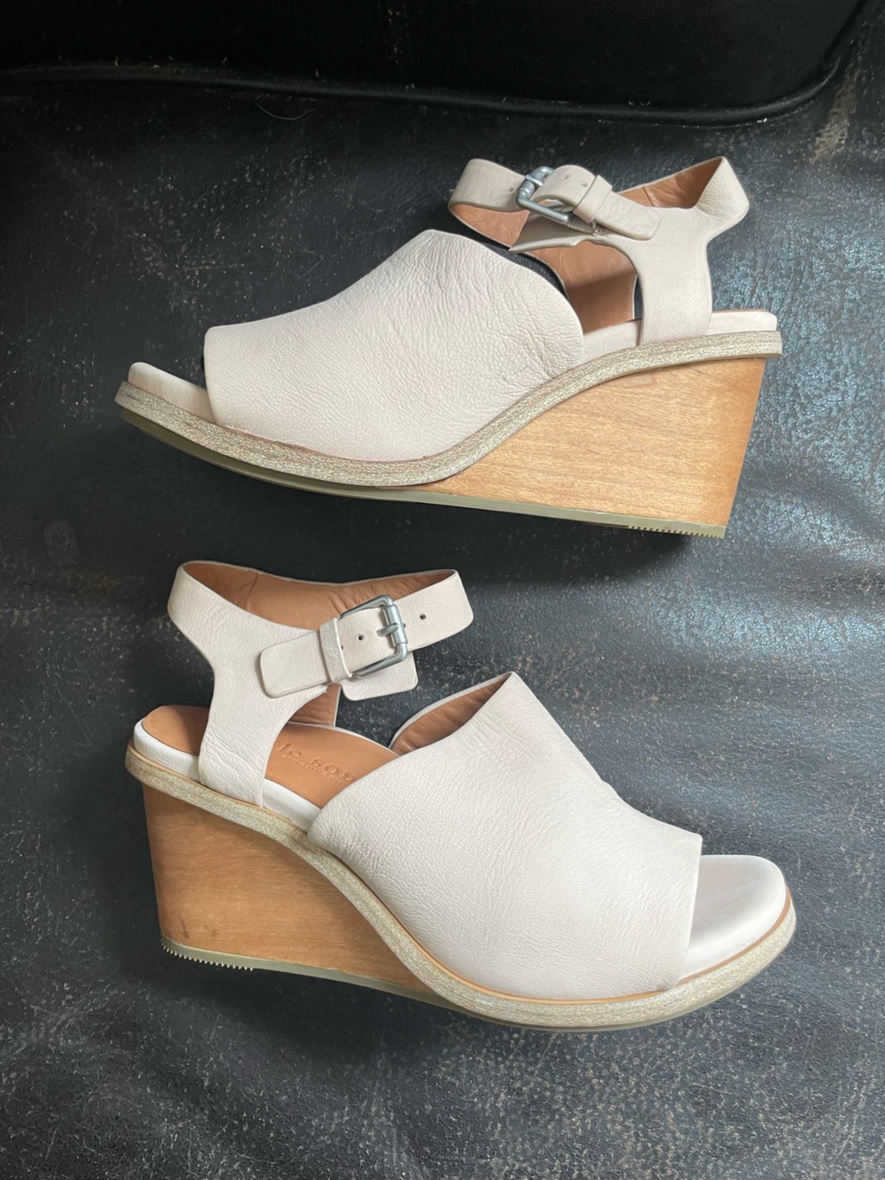gentle souls Cream Leather Wedge Sandals with Buckle Strap